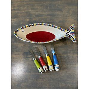 Mandy Bagwell Ceramic Hand Painted Fish Serving Platter Bowl w/spreaders